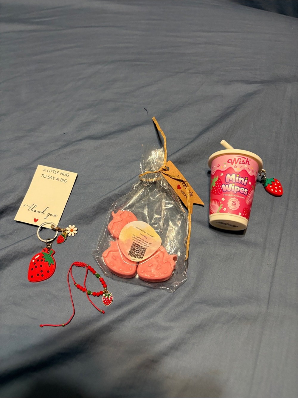 Strawberry Keychain Charm with bracelet and 3 strawberry mini goat milk soaps
